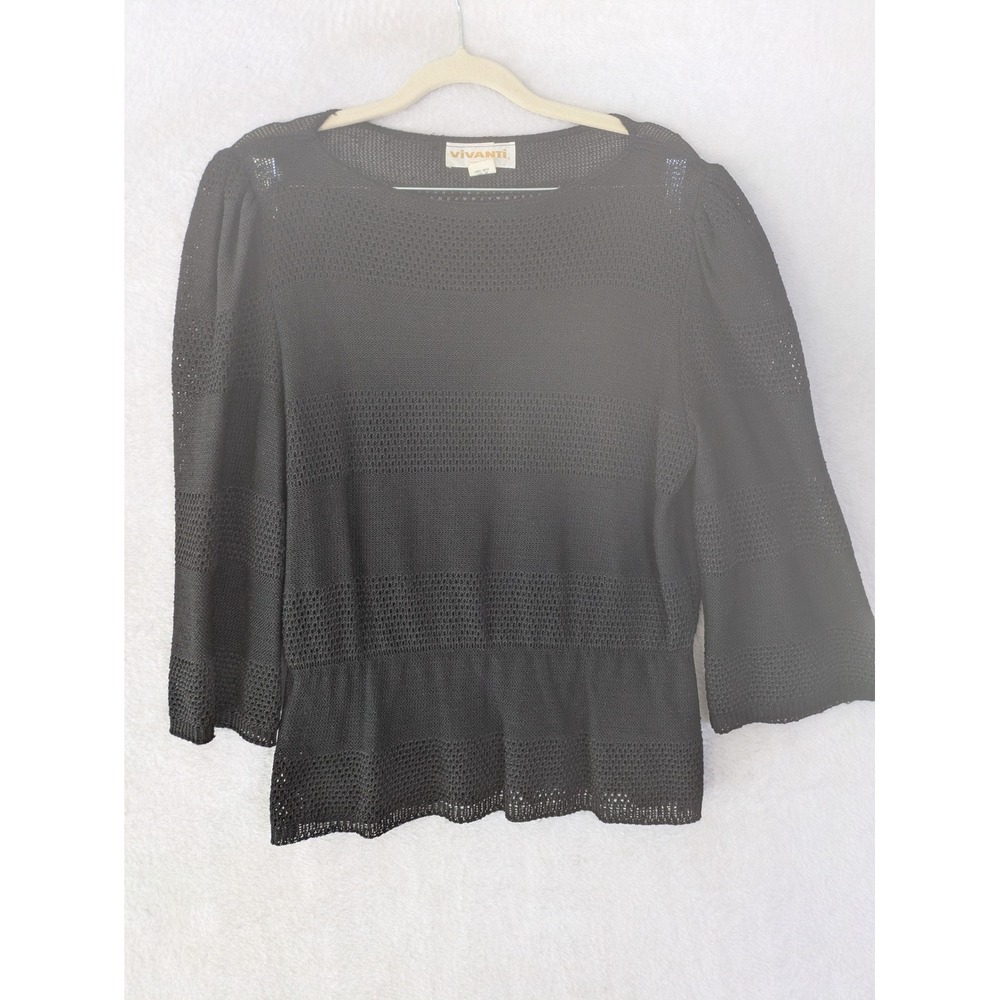 Vivanti Knit Top Women's 14 Black Open Mesh Stripe Puff Sleeve Vintage USA Made